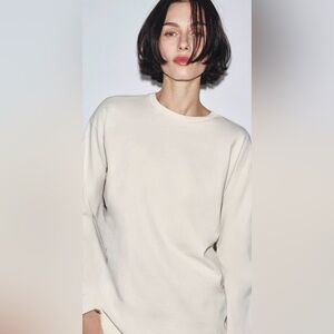 Zara Crew Neck Long-Sleeve T-shirt | Ivory Cream Taupe | L | Cotton | NWT